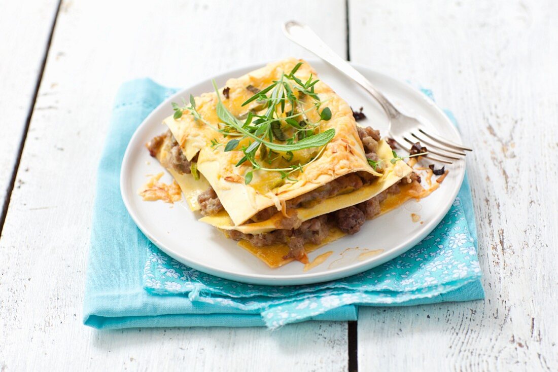 Lasagne with pork ragout on a plate