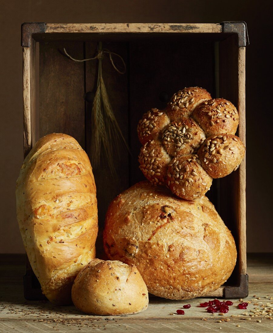 An arrangement of various types of bread in a rustic wooden box