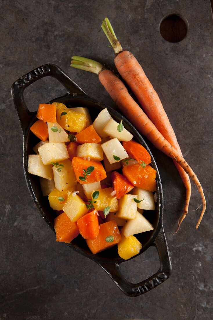 Colourful root vegetables with an apple cider vinaigrette