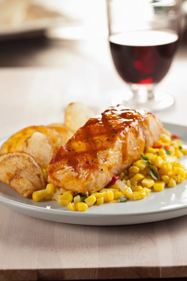 Grilled Salmon with sweetcorn and homemade crisps