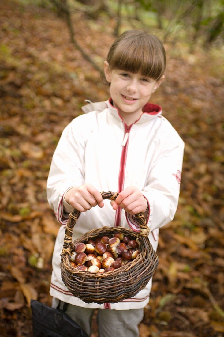 A girl holding a basket of chestnuts in a forest