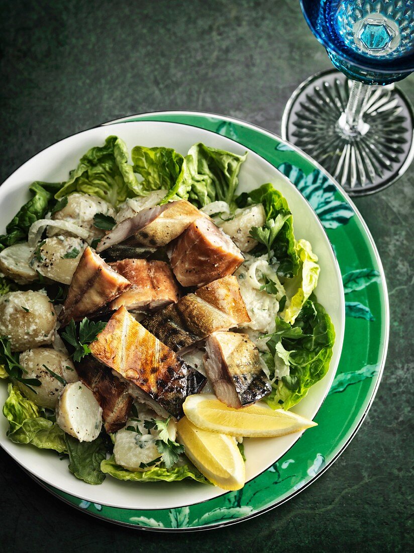 Tea-smoked mackerel with potato salad