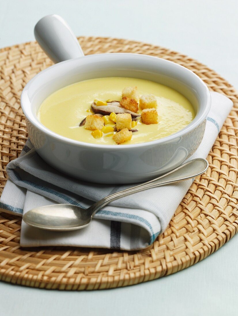 Sweetcorn and mushroom soup with croutons