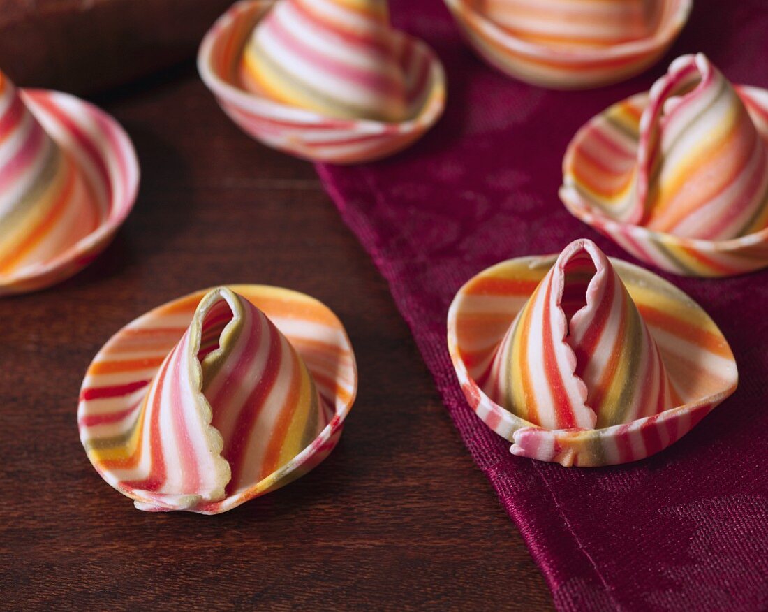 Striped pasta sombreros (close-up)