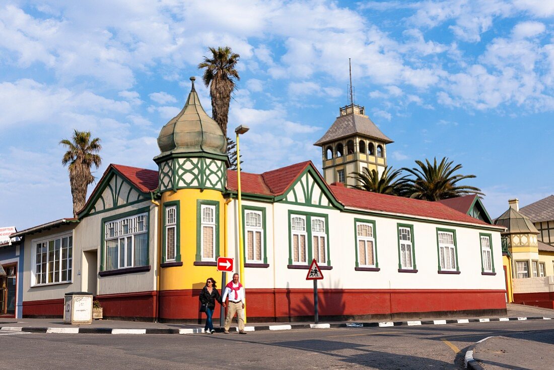 A house built on a corner with an onion-domed tower in Swakopmund, Namibia