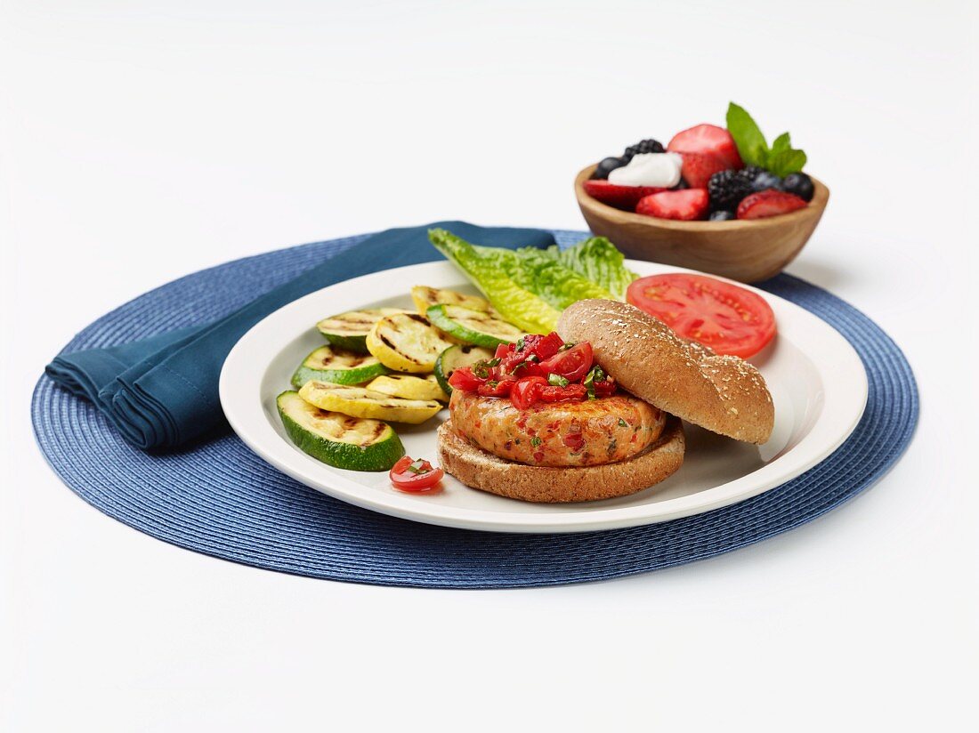 A salmon burger with grilled courgette and pepper relish for diabetics