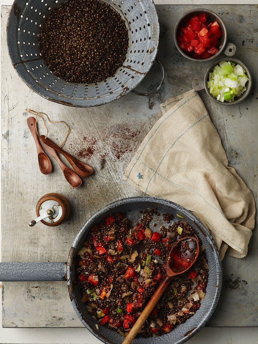 Black lentil soup with Roma tomatoes