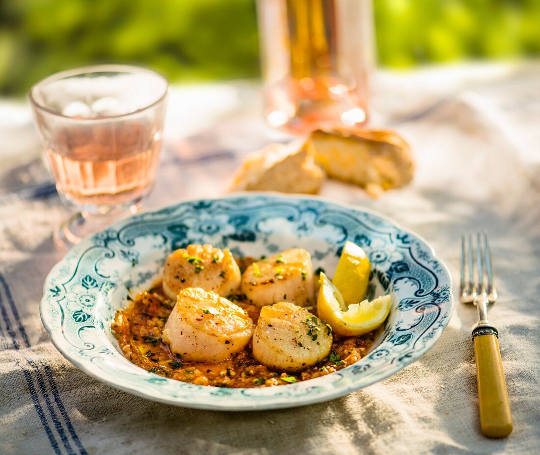 Fried scallops with herbs and lemons