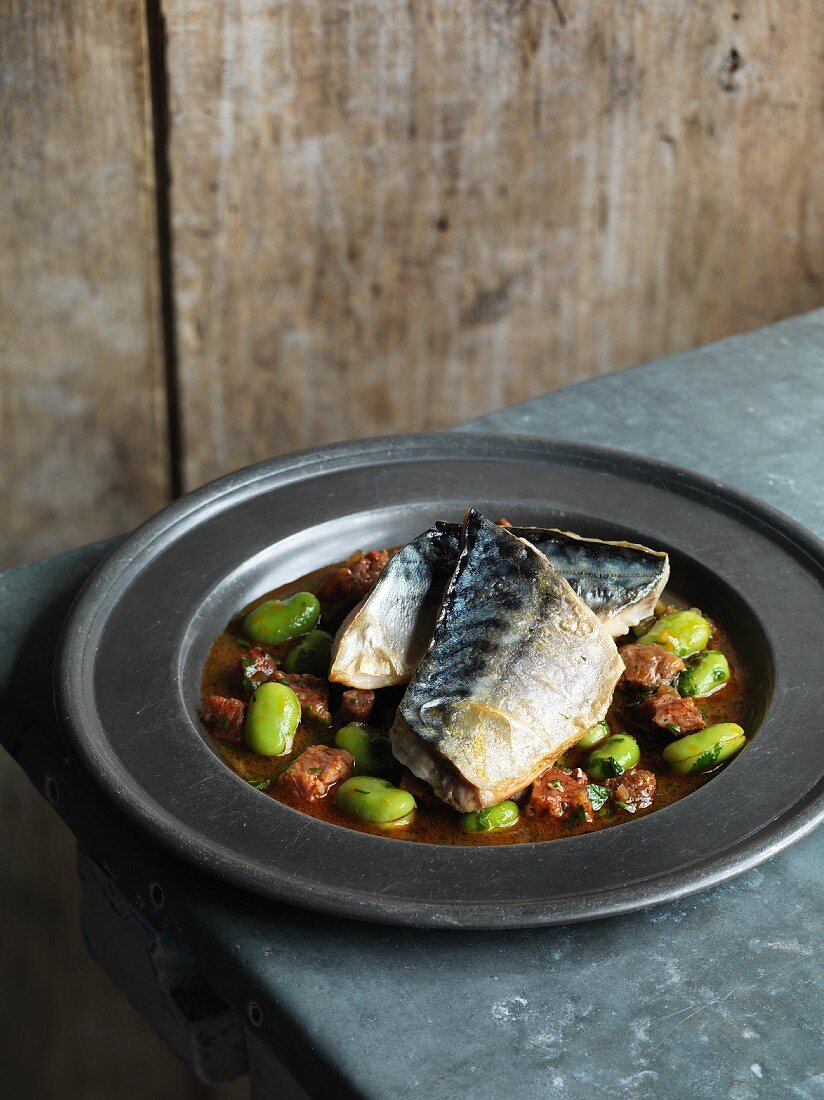 Mackerel fillet with broad beans and chorizo
