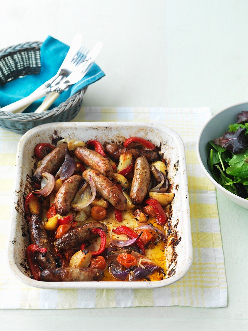 Oven-roasted sausages and vegetables