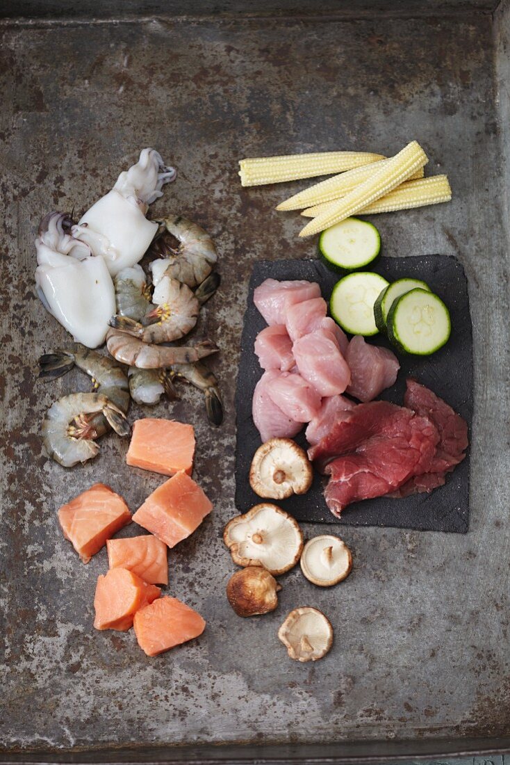 Meat, poultry, fish, seafood and vegetables for fondue