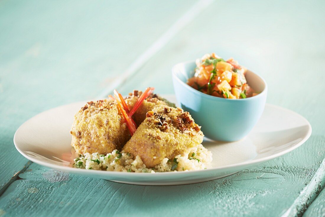 Pork medallions with a polenta crust served with quinoa risotto and papaya salad