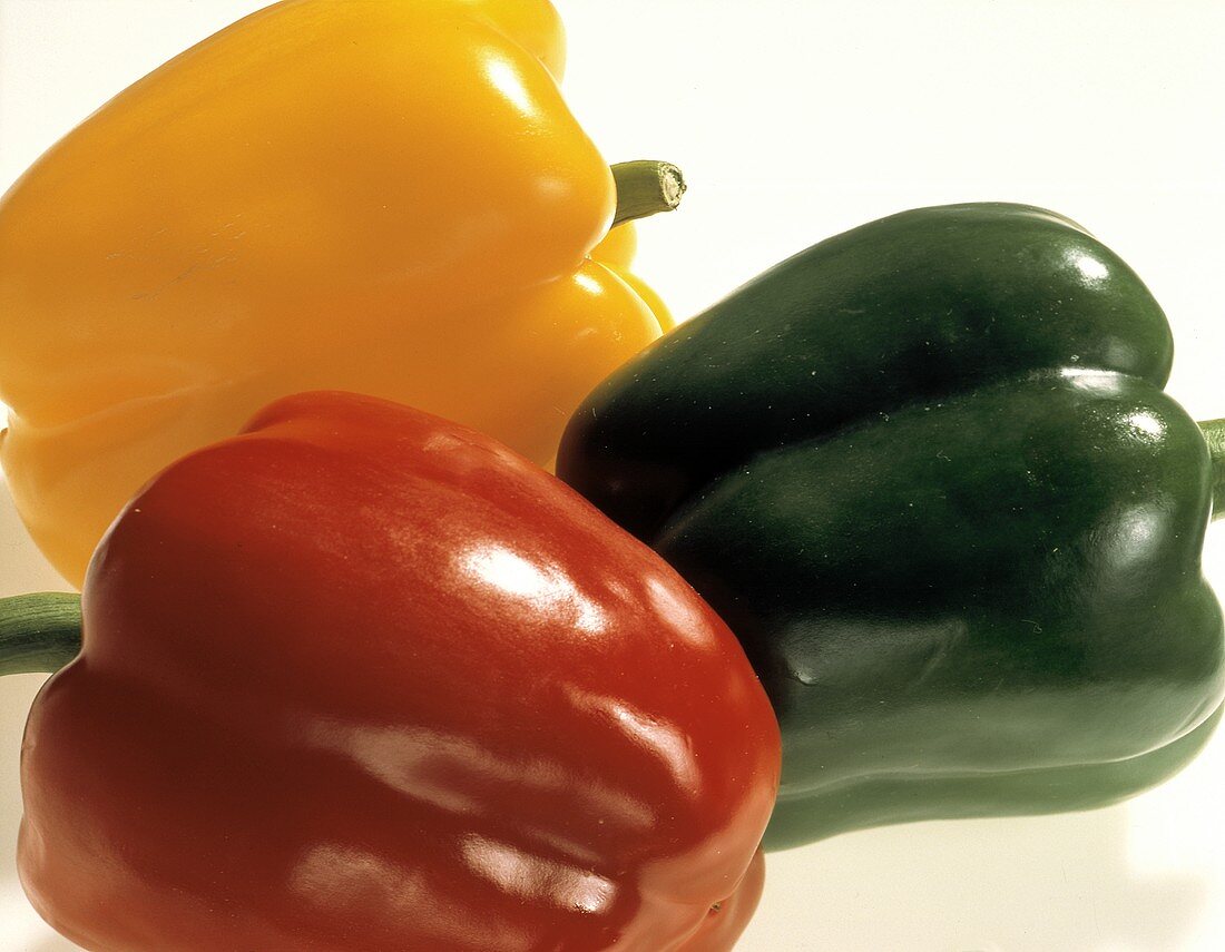 Three Bell Peppers; Red and Green; Yellow