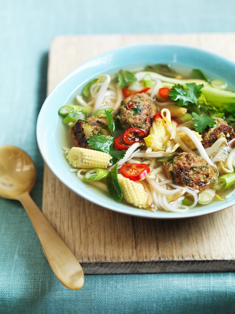 Nudelsuppe mit Putenklössen und Maiskölbchen (Asien)