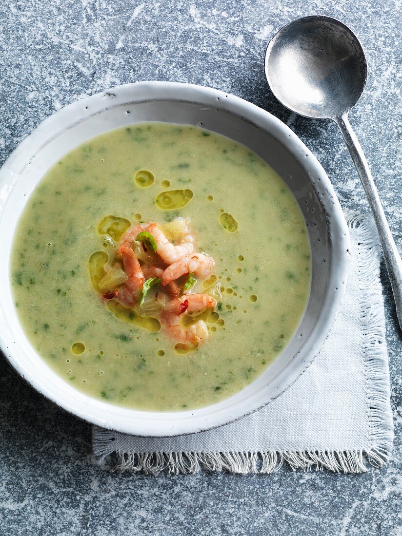 Cold bean and basil soup with prawns and lemon