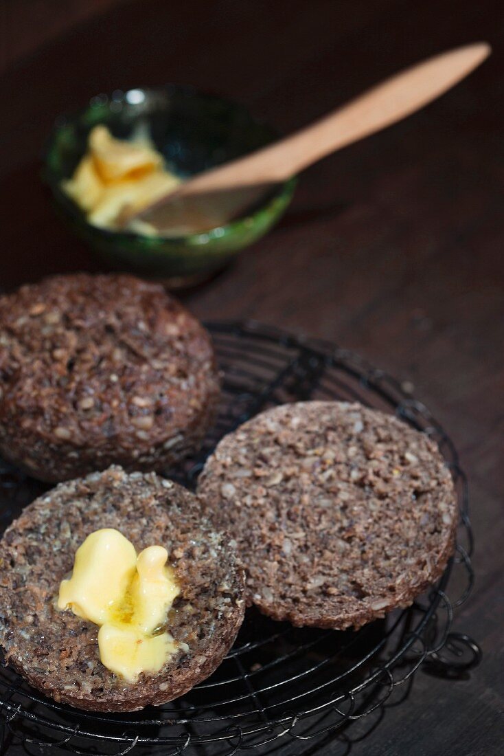 Homemade, round wholemeal bread with butter