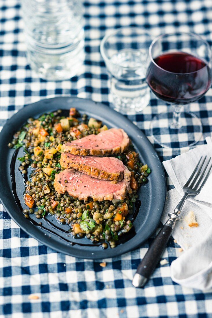 Duck breast on a lentil salad