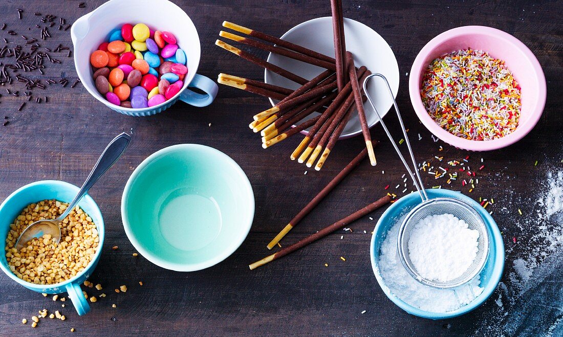 Various ingredients for decorating cakes and biscuits