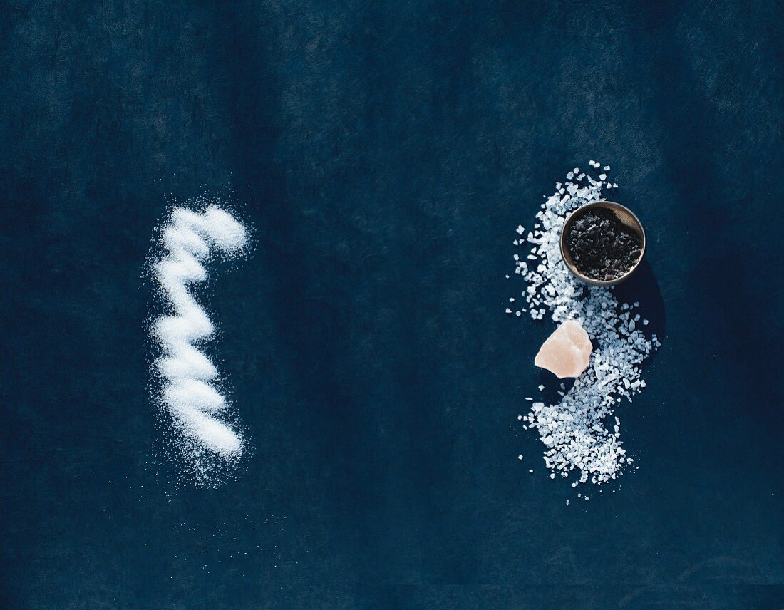 Different types of salt: industrial salt, sea salt, Himalayan salt and Cyprus salt
