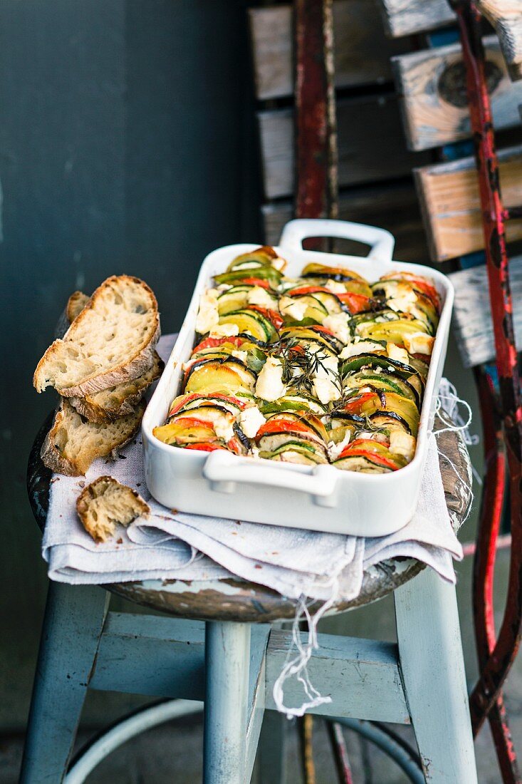 A layered vegetable gratin with goat's cheese