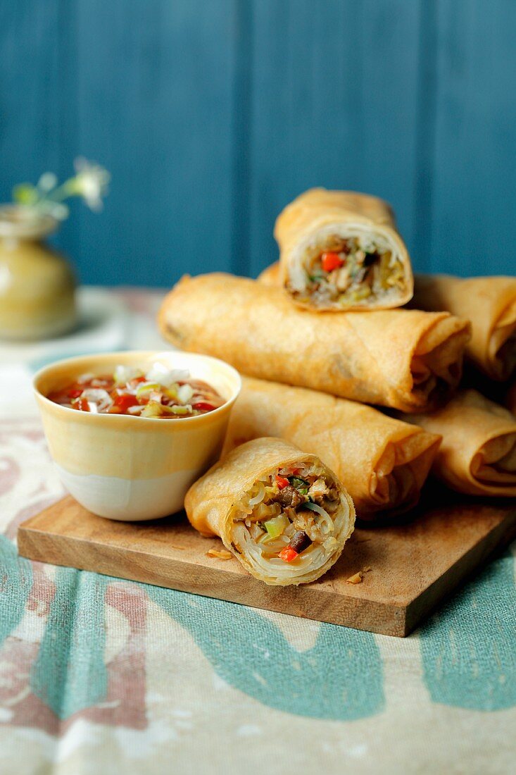 Vegetarian spring rolls with a honey and chilli sauce