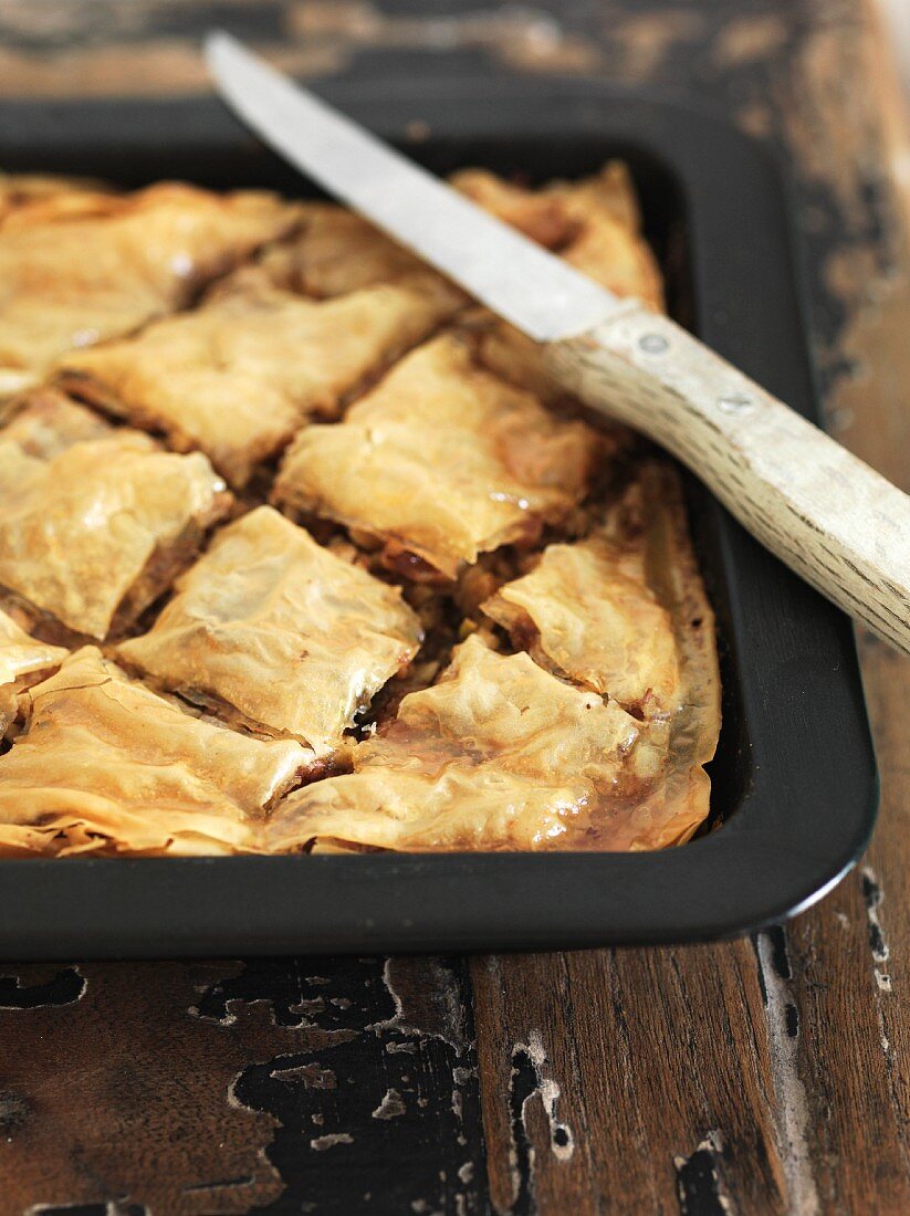 Baklava in a baking tin