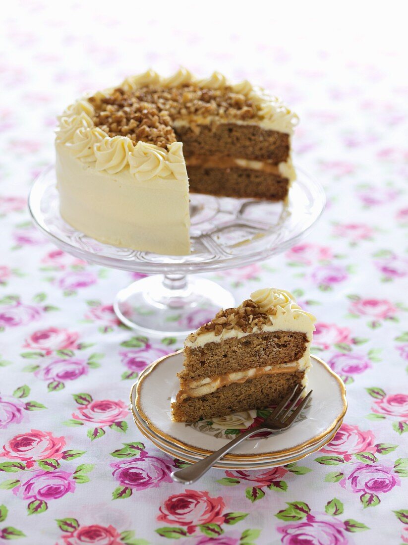 Banana caramel cake, sliced