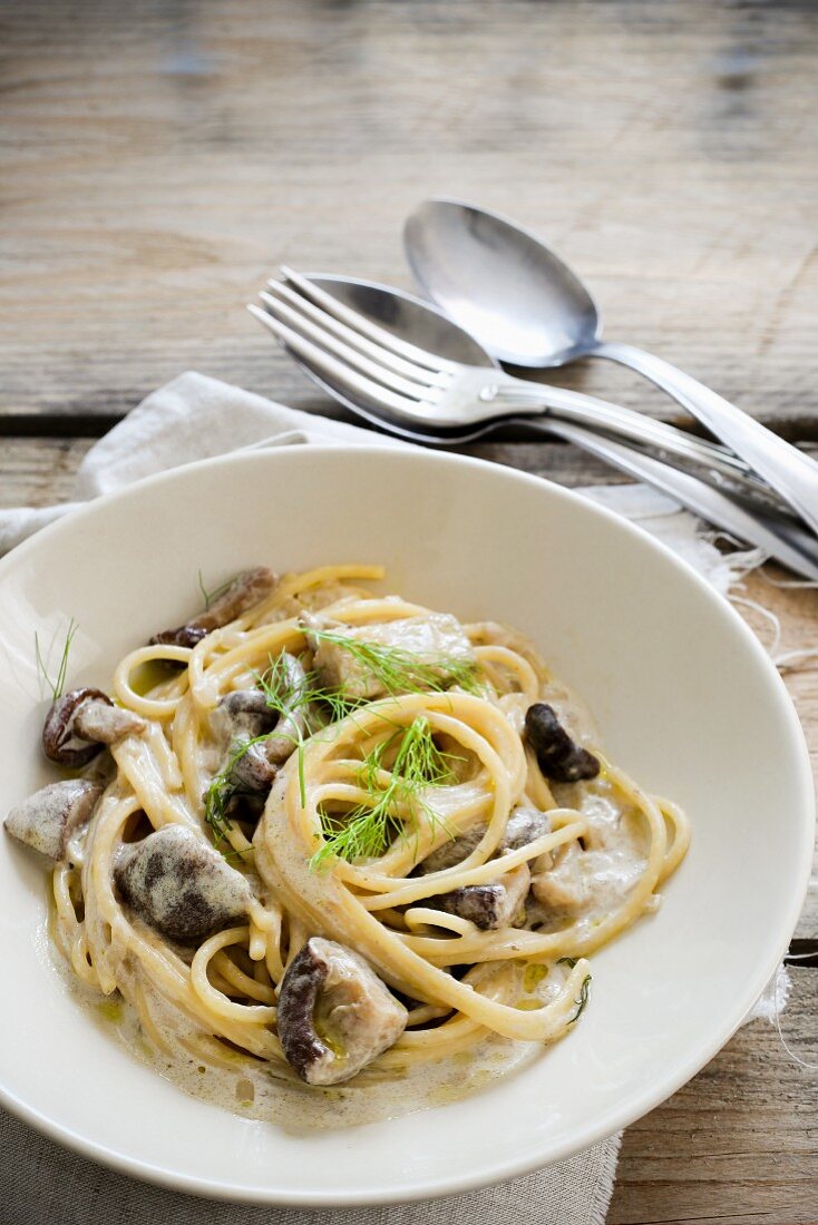 Pasta ai porcini (pasta with porcini mushrooms, Italy)