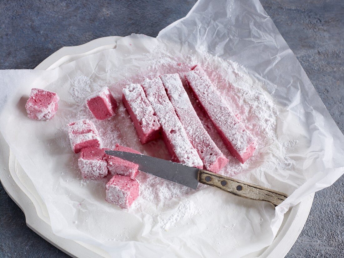 Homemade raspberry and woodruff marshmallows