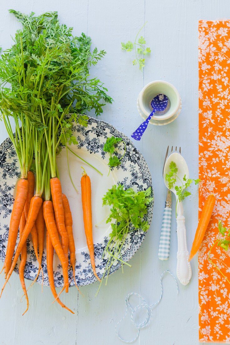 Fresh baby carrots on a floral plate
