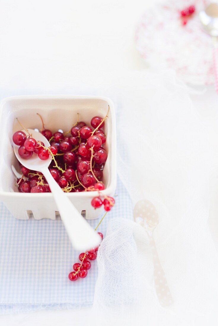 Redcurrants in a cardboard punnet with a spoon