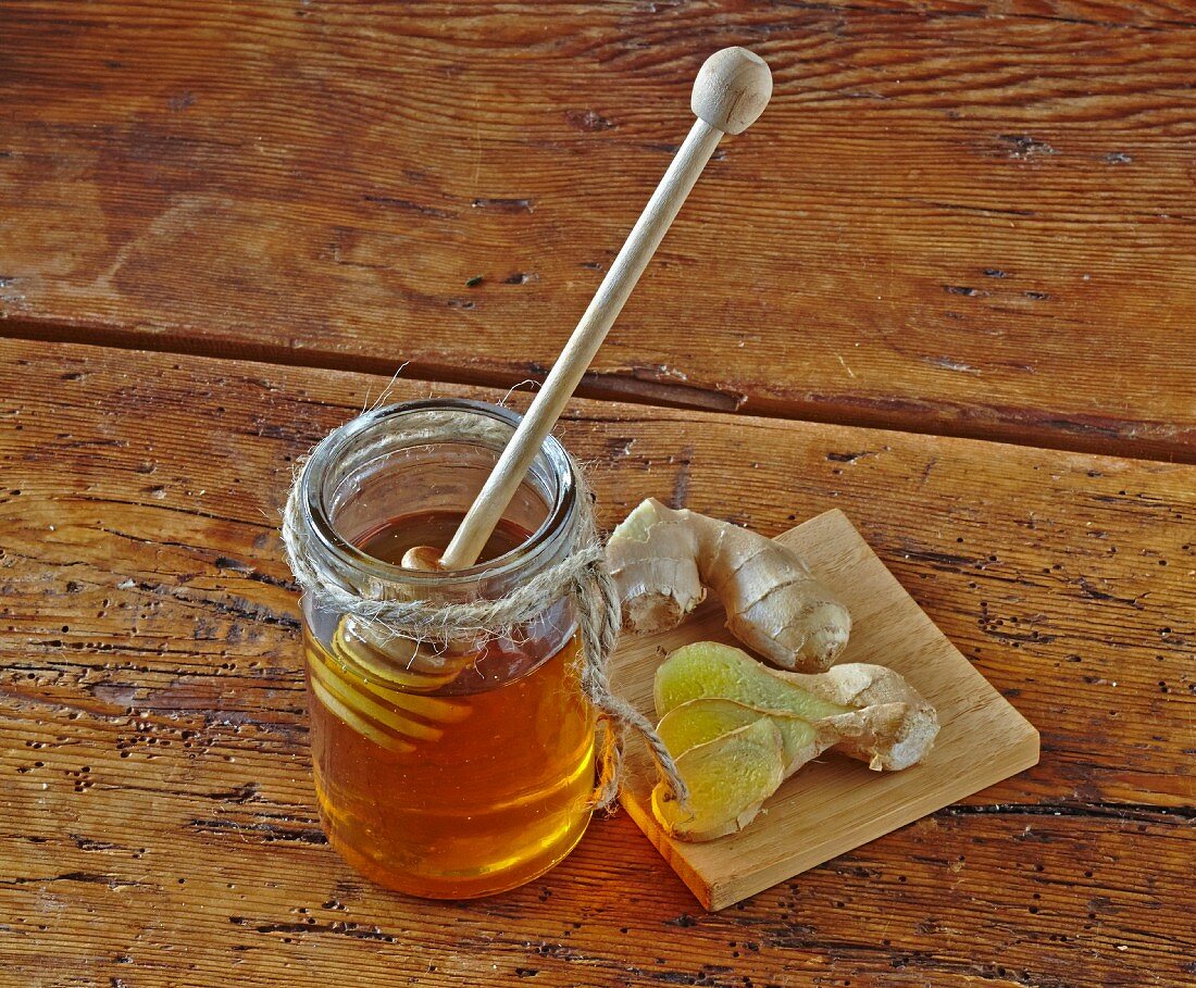 A jar of honey and root ginger