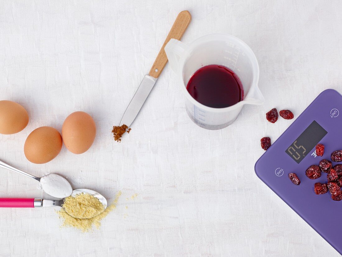 Digital kitchen scales and baking ingredients