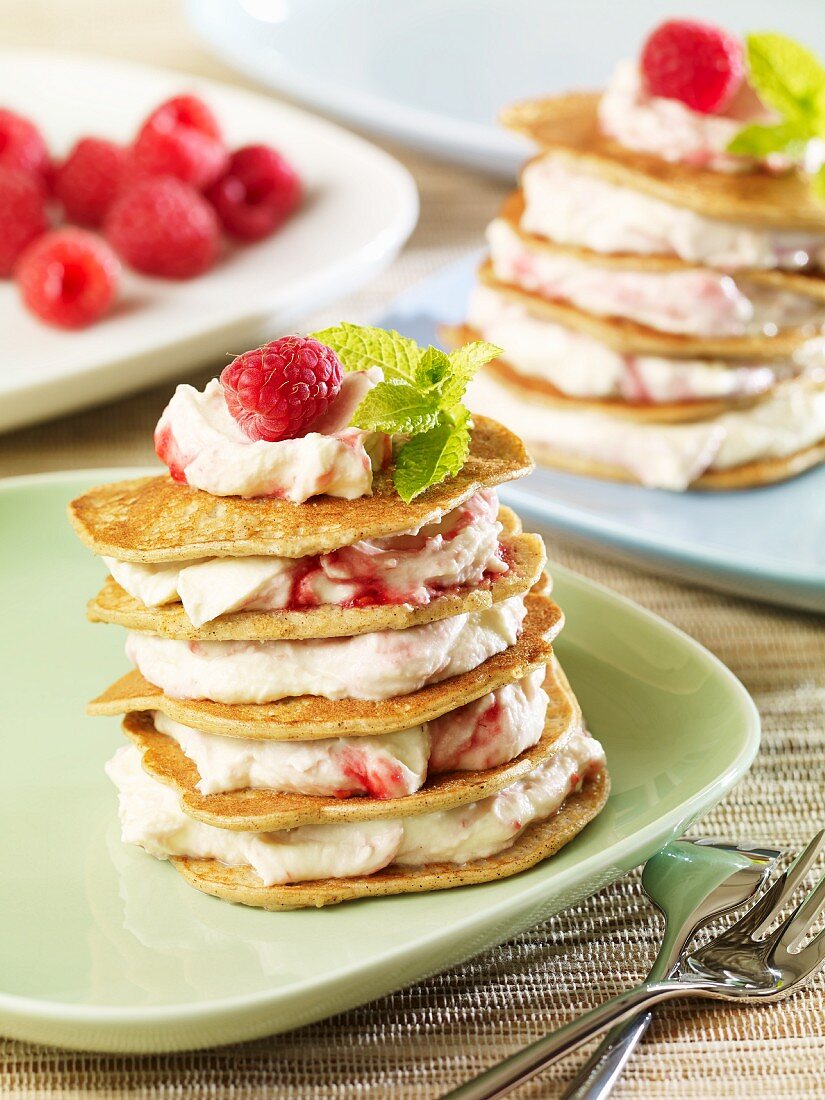 Pancake towers with cream cheese and raspberry cream