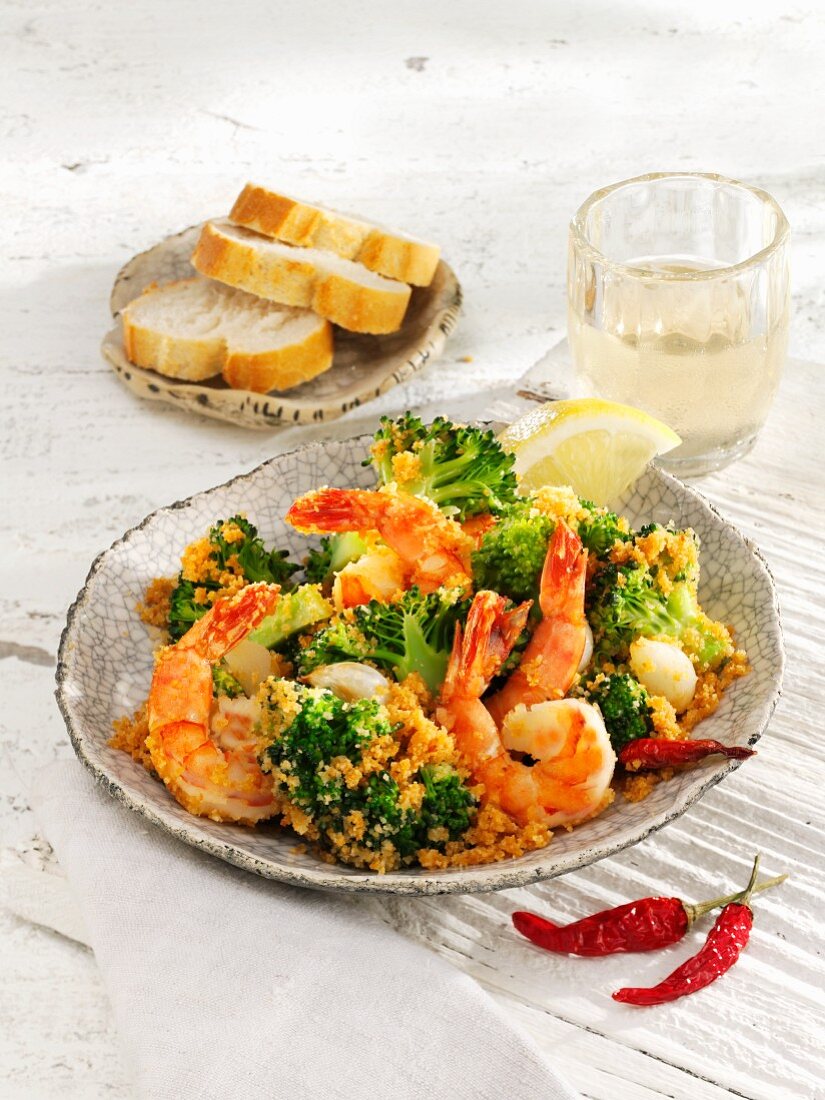 King prawns and broccoli with chilli and garlic crumbs