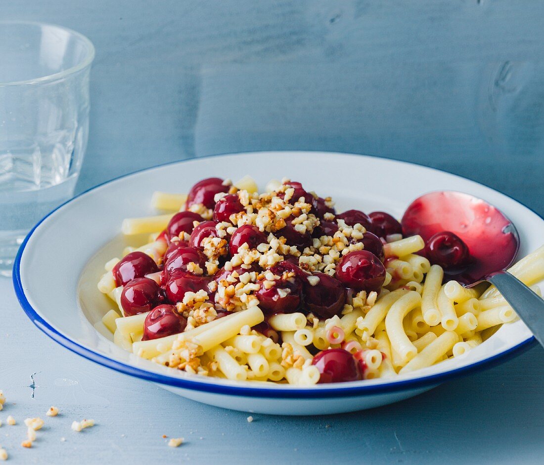 Sweet pasta with cherries and almonds