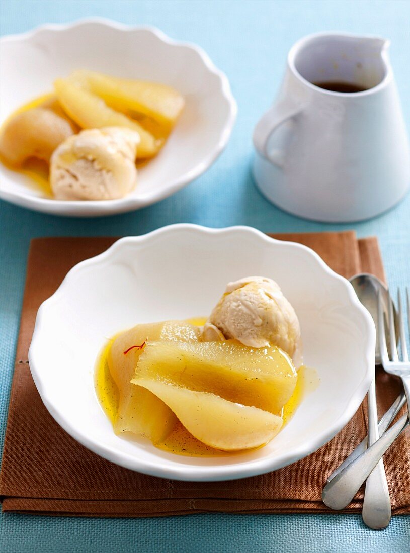 Chai ice-cream with poached pears