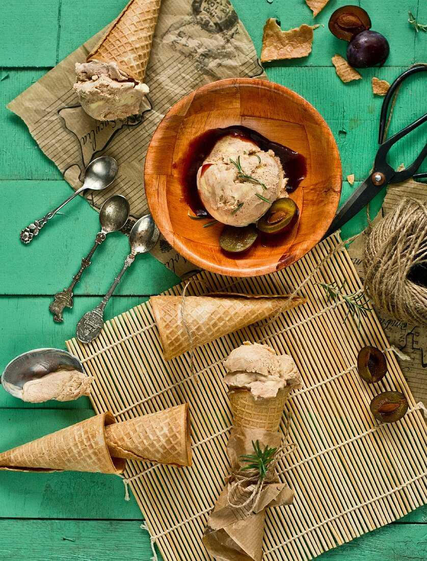 Homemade plum ice cream with ice cream cones