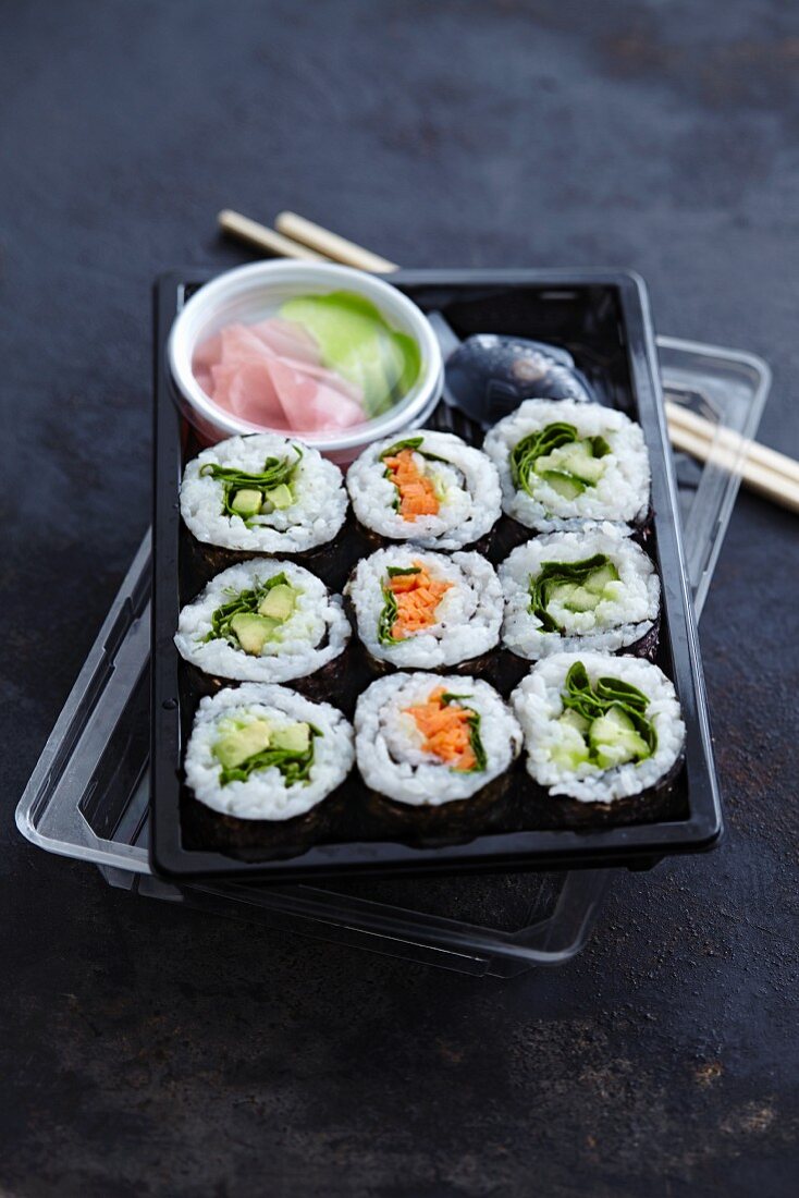 Vegetarian sushi in a takeaway box