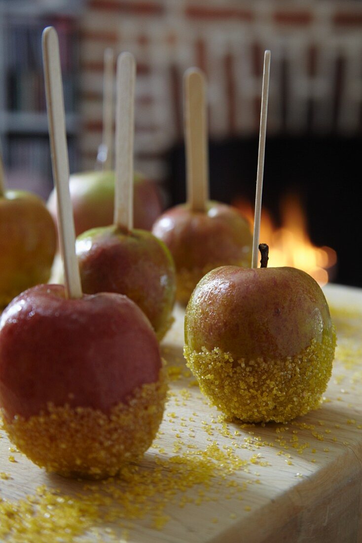 Toffee apples coated with sugar
