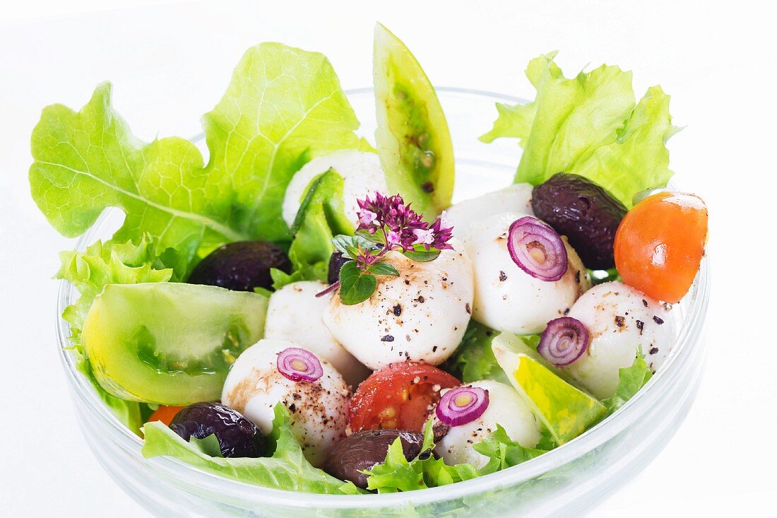 Mozzarella salad with tomatoes, olives and lettuce