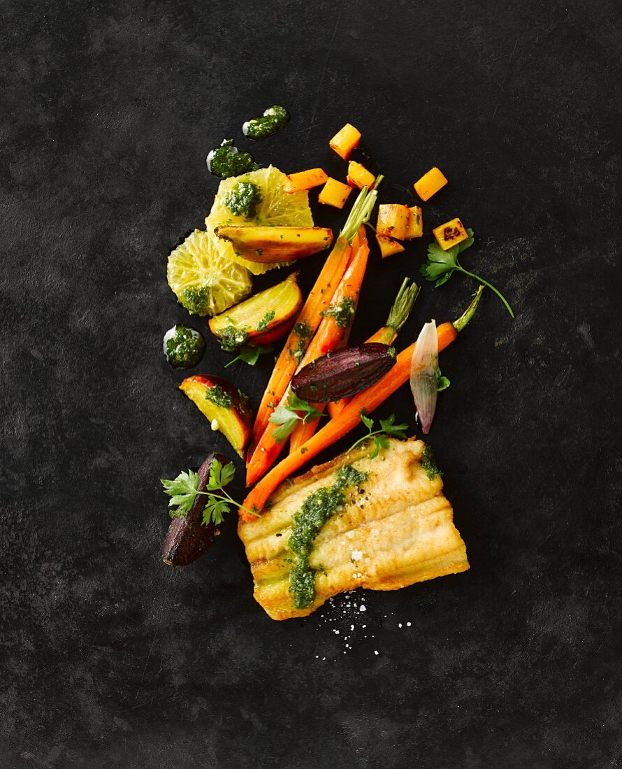 Sheatfish fillet with beetroot, yellow beets, carrots, herbs, oranges and pesto