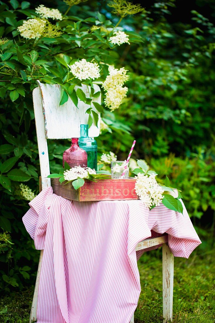 Flaschen mit selbstgemachtem Holunderblütensirup auf Tablett auf Gartenstuhl