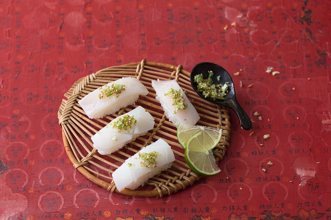 Squid nigiri with lime