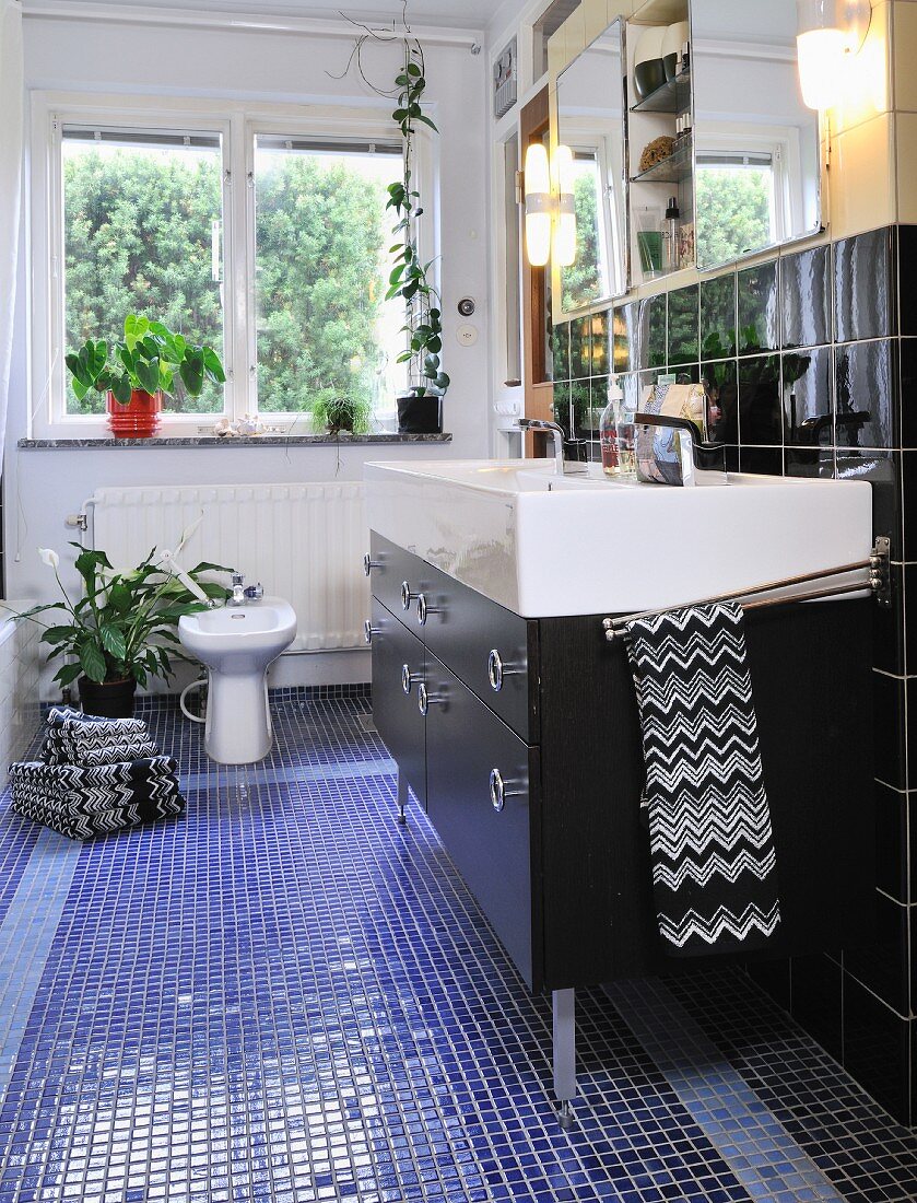 Washstand with black base unit and fitted mirrored cabinets in narrow bathroom with bidet
