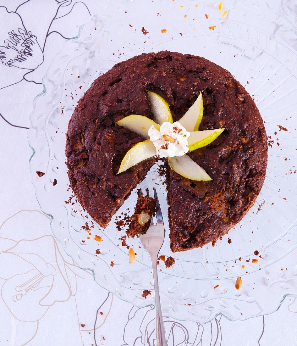 Pear and chocolate cake, sliced