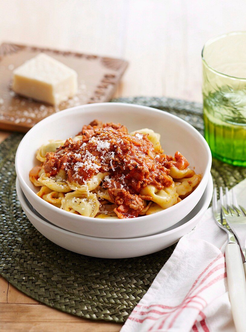 Tortellini alla bolognese (pasta pockets with meat sauce, Italy)