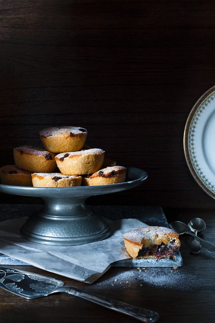 Christmas mince pies on a metal cake stand