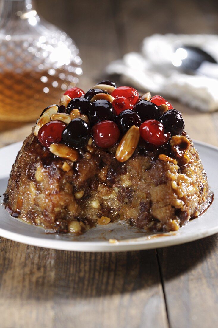 Christmas pudding with almonds and glace cherries (Australia)