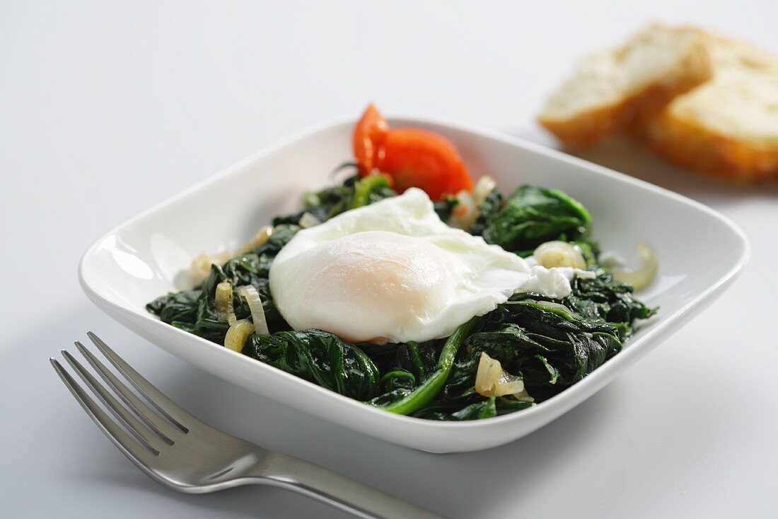 Poached egg on a bed of spinach